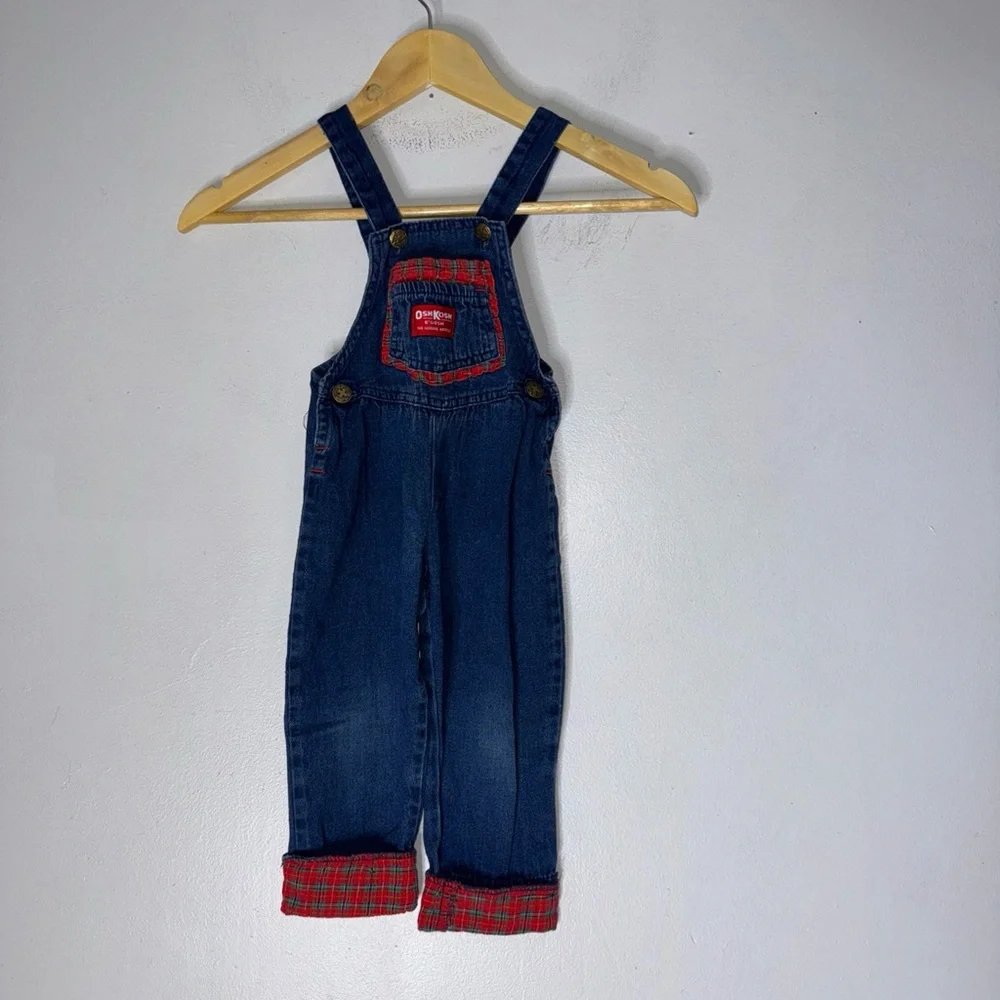 VINTAGE Child’s Kid’s OSHKOSH Denim Bib Overalls 2t Vestbak Red Plaid Cuff‎